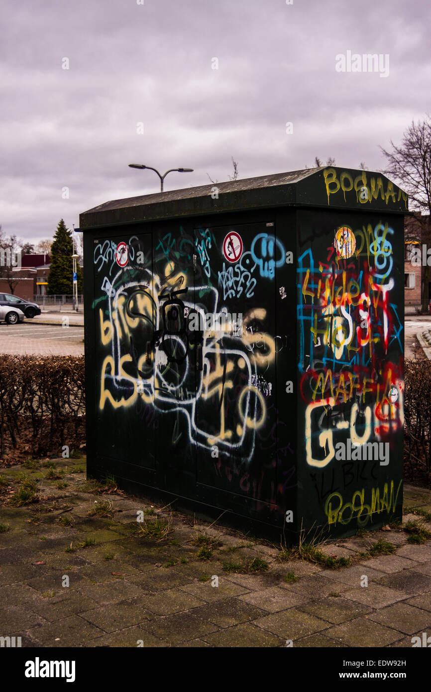 Elektriciteitshuisje covered in graffiti in Nijmegen, The Netherlands Stock Photo