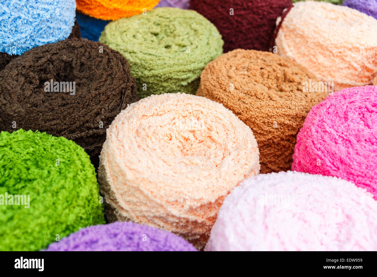 close up to group of colorful knitting wool Stock Photo