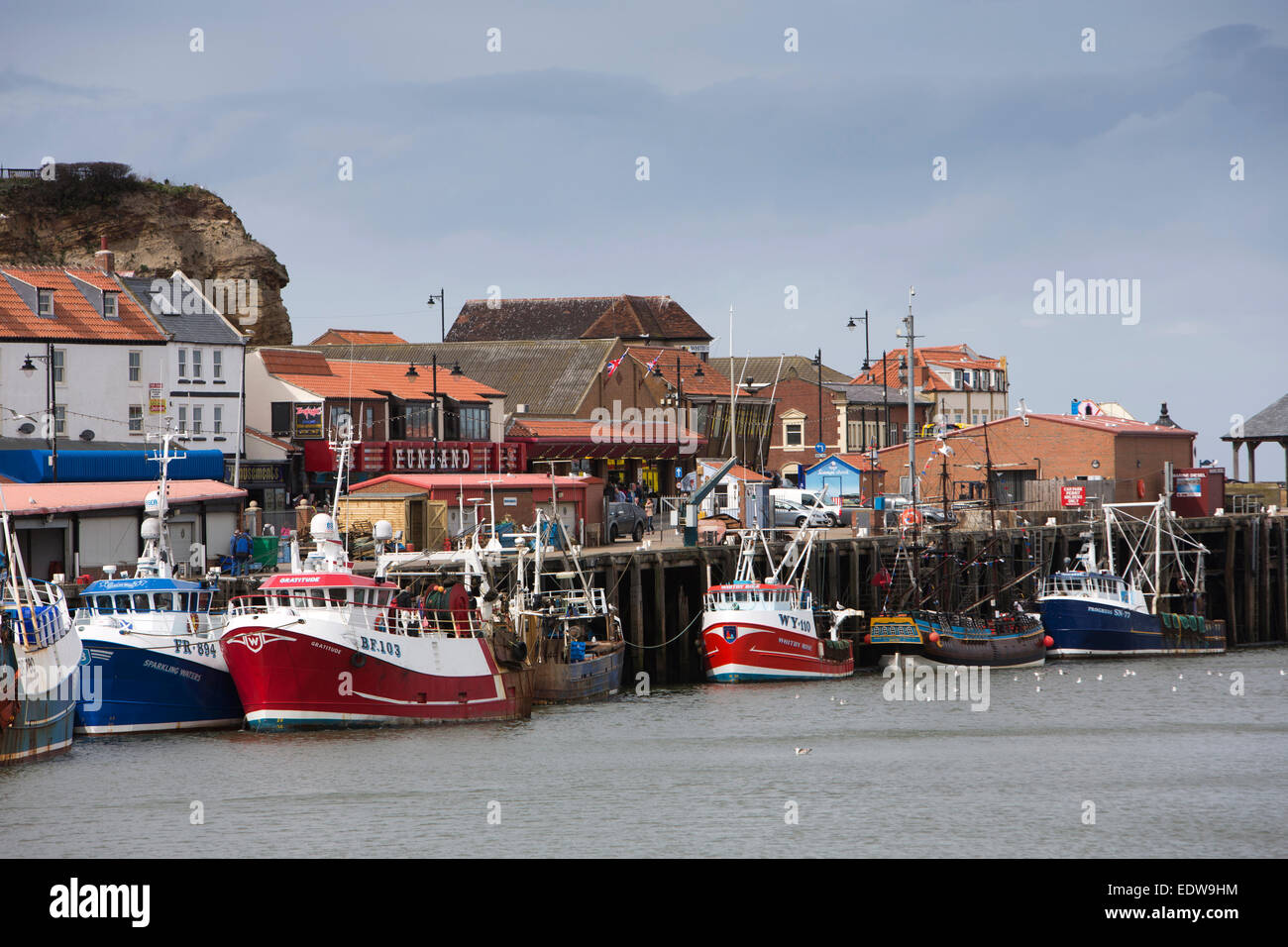 UK, England, Yorkshire, Whitby, boats moored at Fish Quay Stock Photo