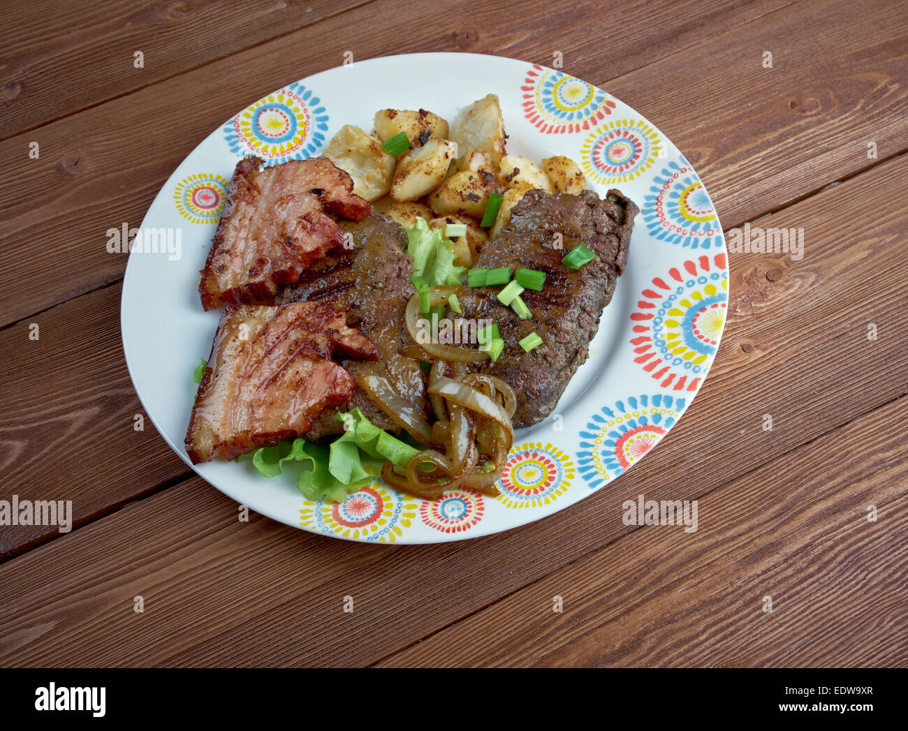 Calf liver and bacon dish containing Grilled calf liver and bacon