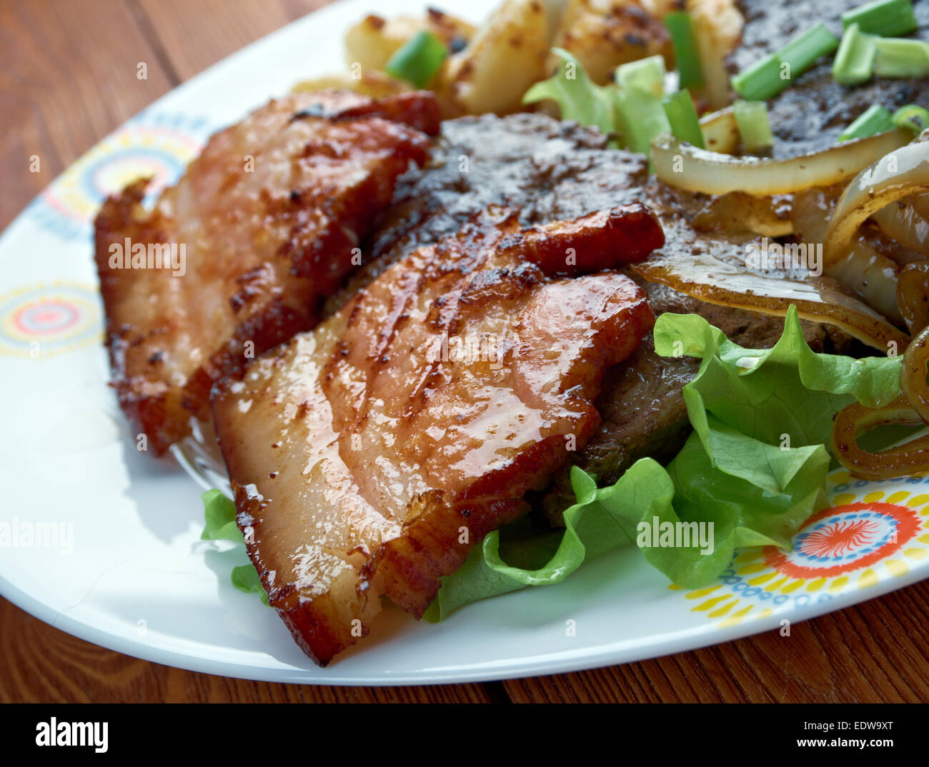 Calf liver and bacon dish containing Grilled calf liver and bacon