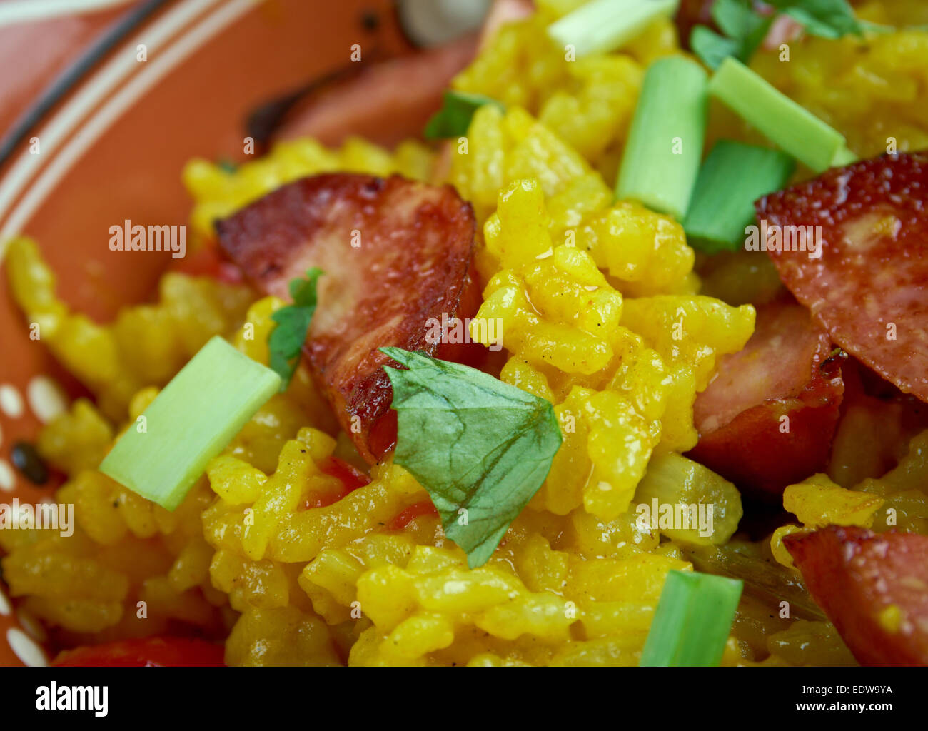 Dirty rice traditional Creole dish made white rice which chicken