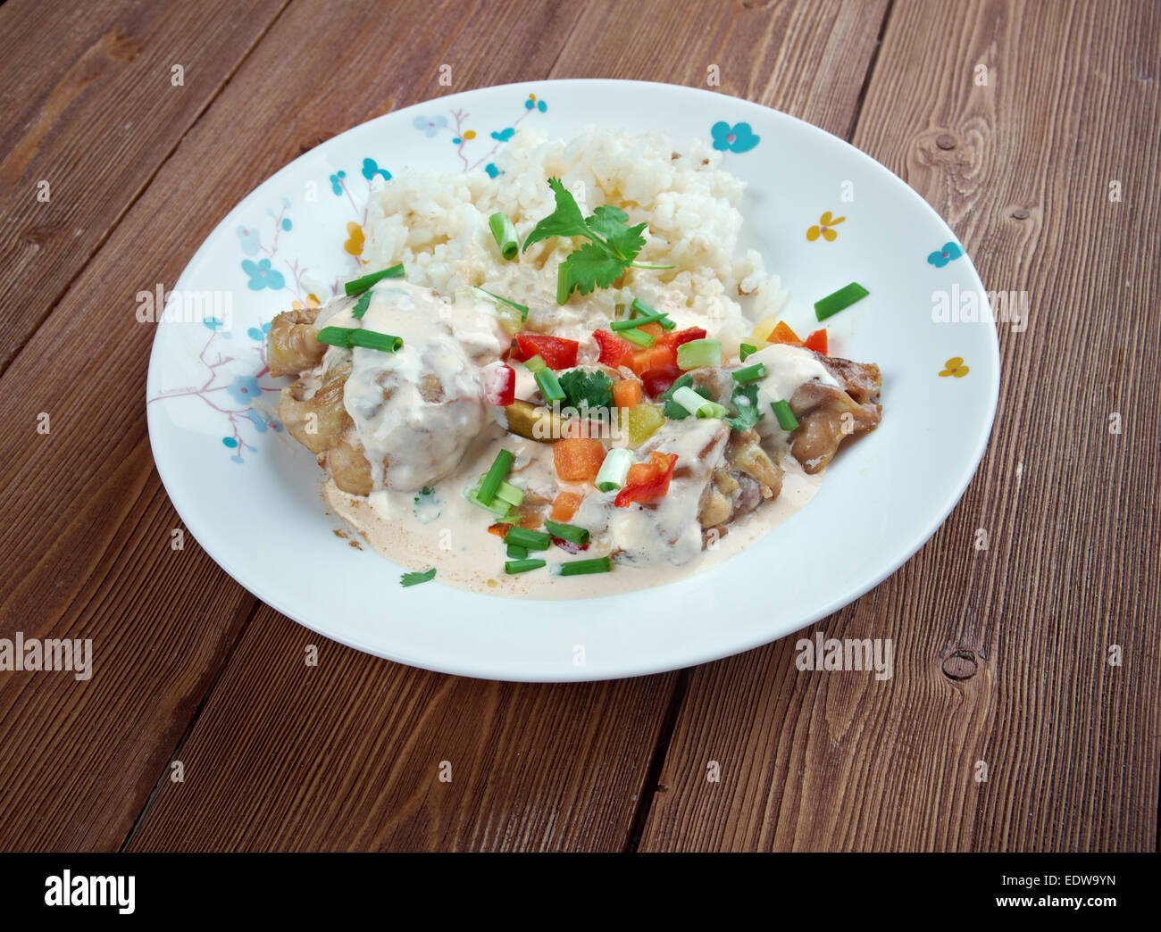 Chicken ala King Kingstyle Chicken. diced chicken in a cream sauce