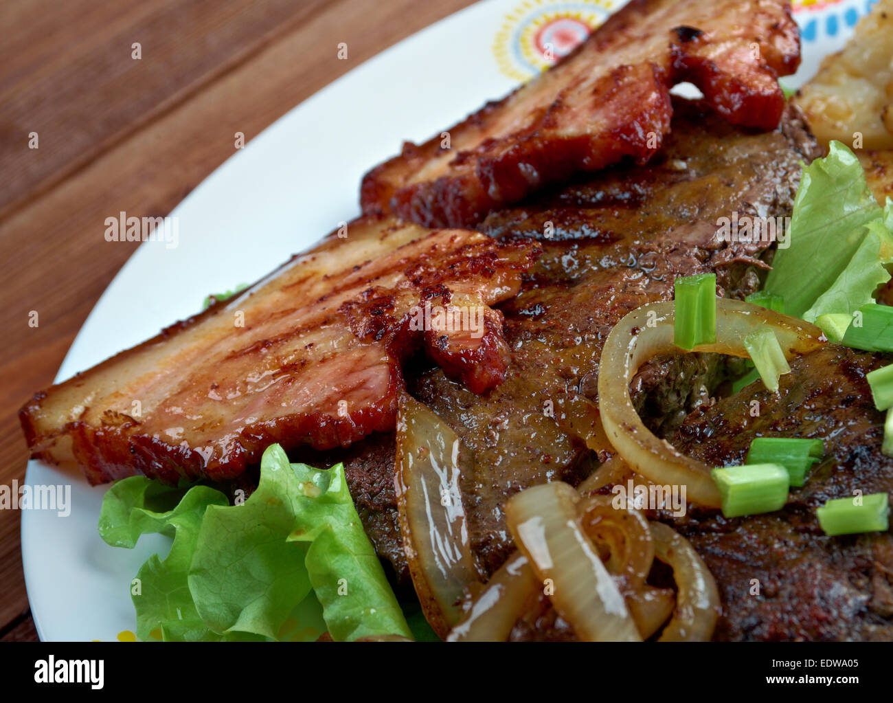 Calf liver and bacon dish containing Grilled calf liver and bacon