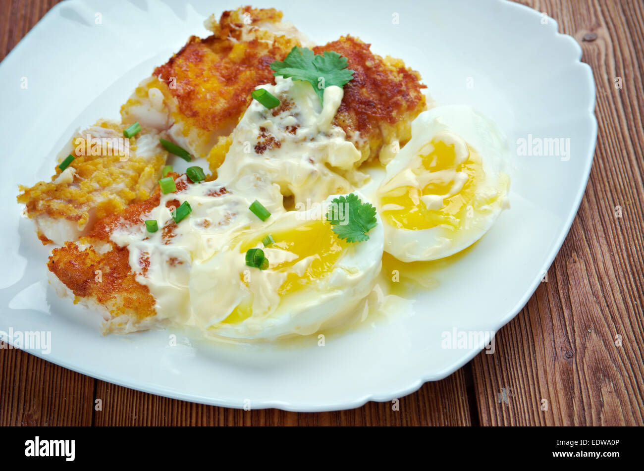 Finnan Haddie traditional Scottish breakfast. smoked haddock cooked