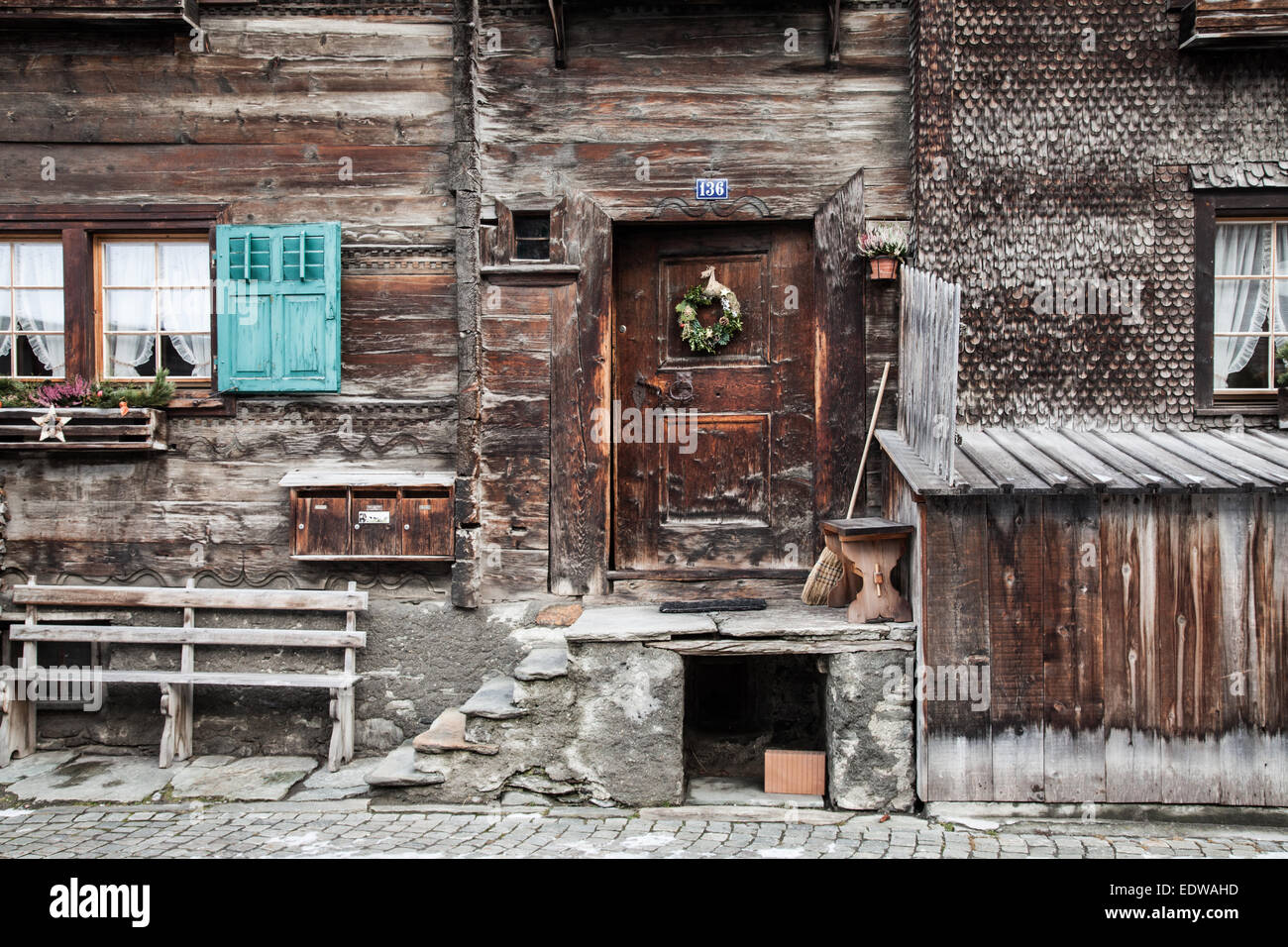 Facade of an old wooden house in switzerland (vals) Stock Photo