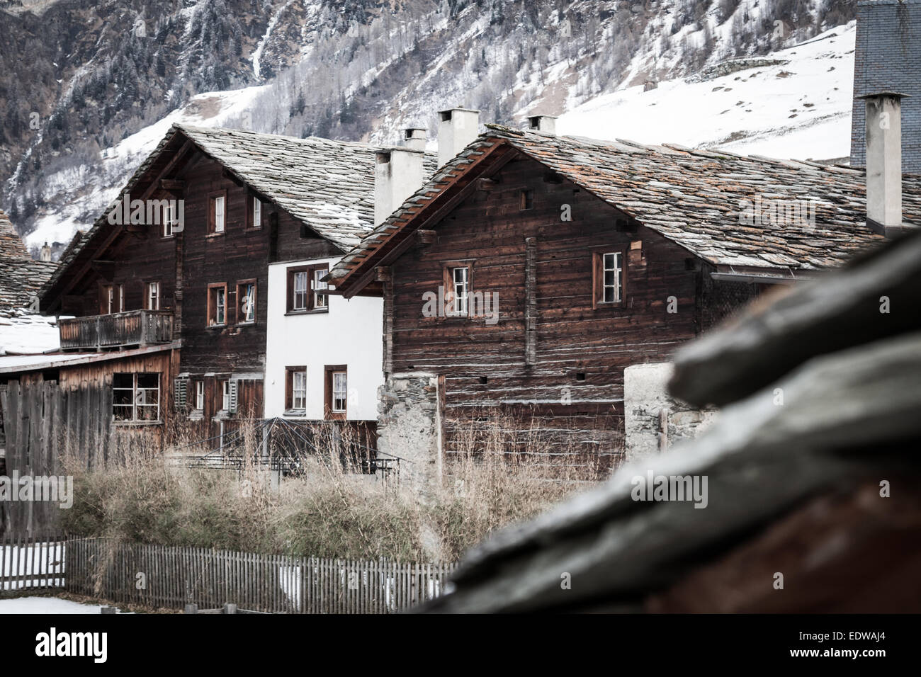 Traditional wooden houses in vals, switzerland Stock Photo