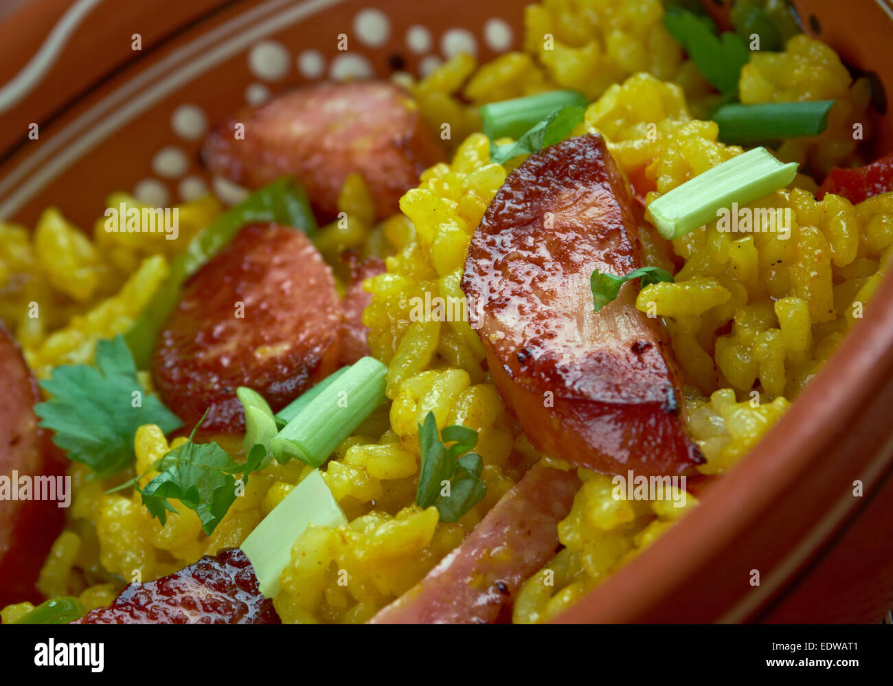 Dirty rice traditional Creole dish made white rice which chicken