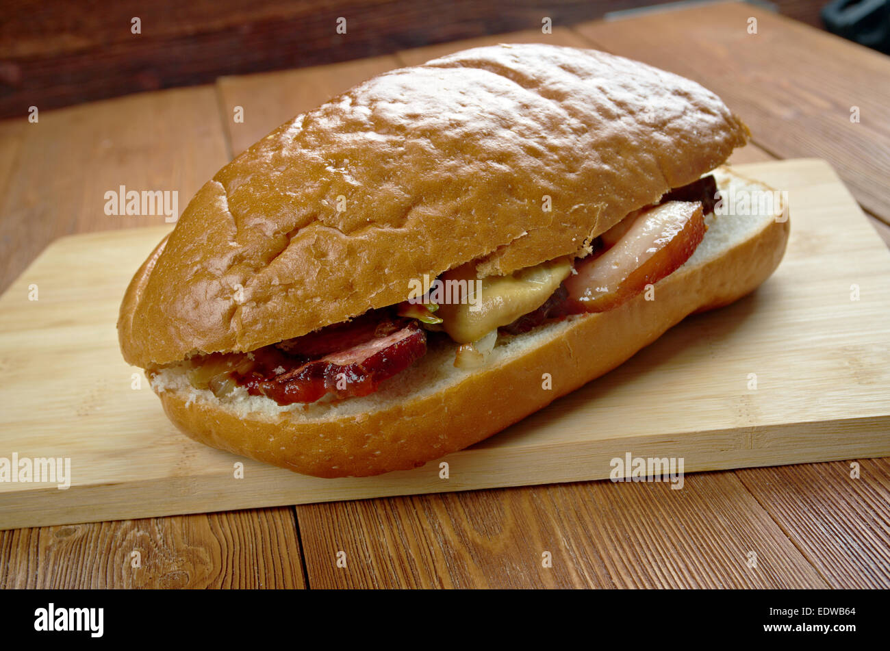 Fools Gold Loaf -   americanactual sandwich was a loaf of bread, , and entire jar of grape jelly, and a pound of bacon Stock Photo