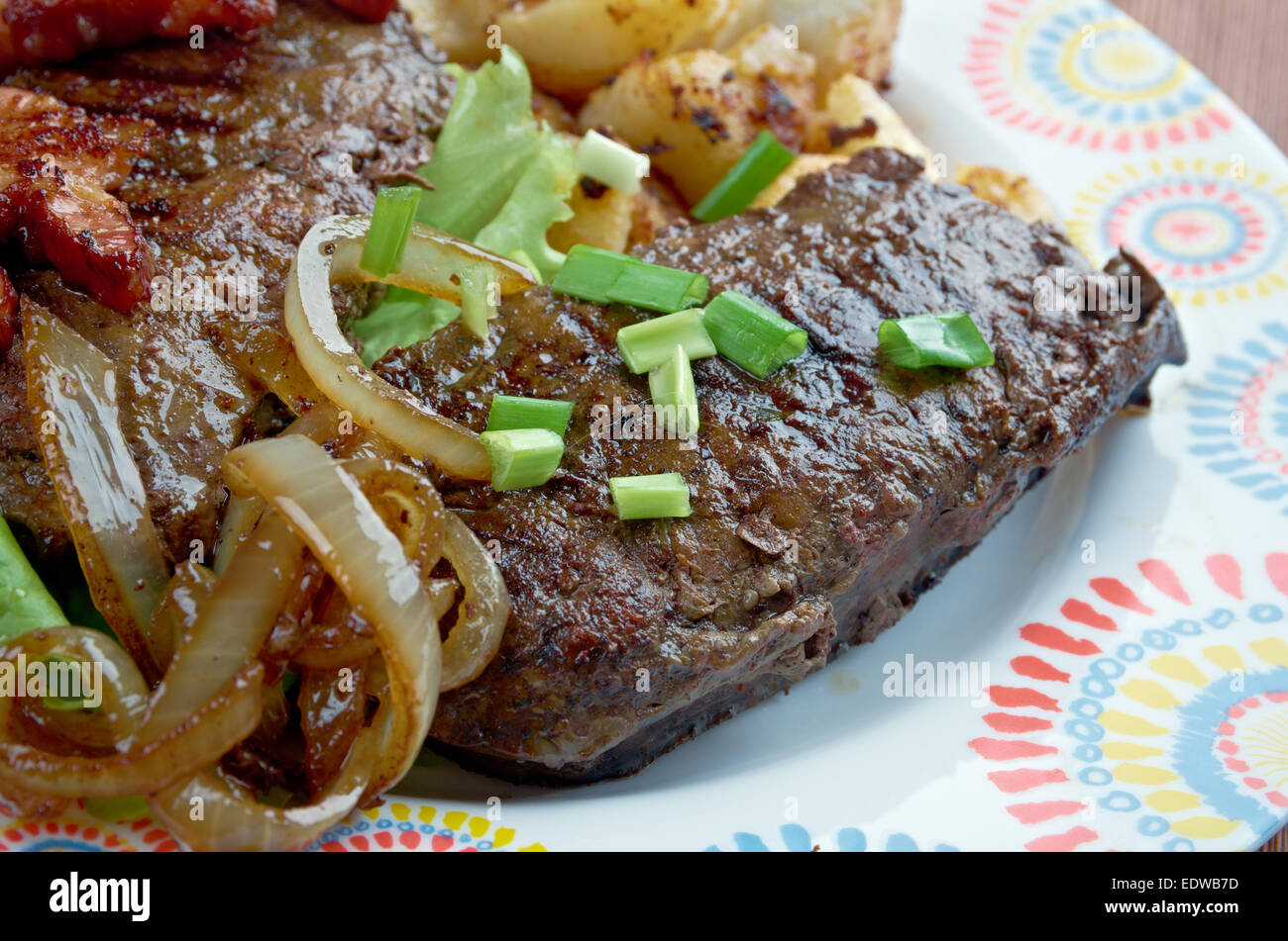 Calf liver and bacon dish containing Grilled calf liver and bacon