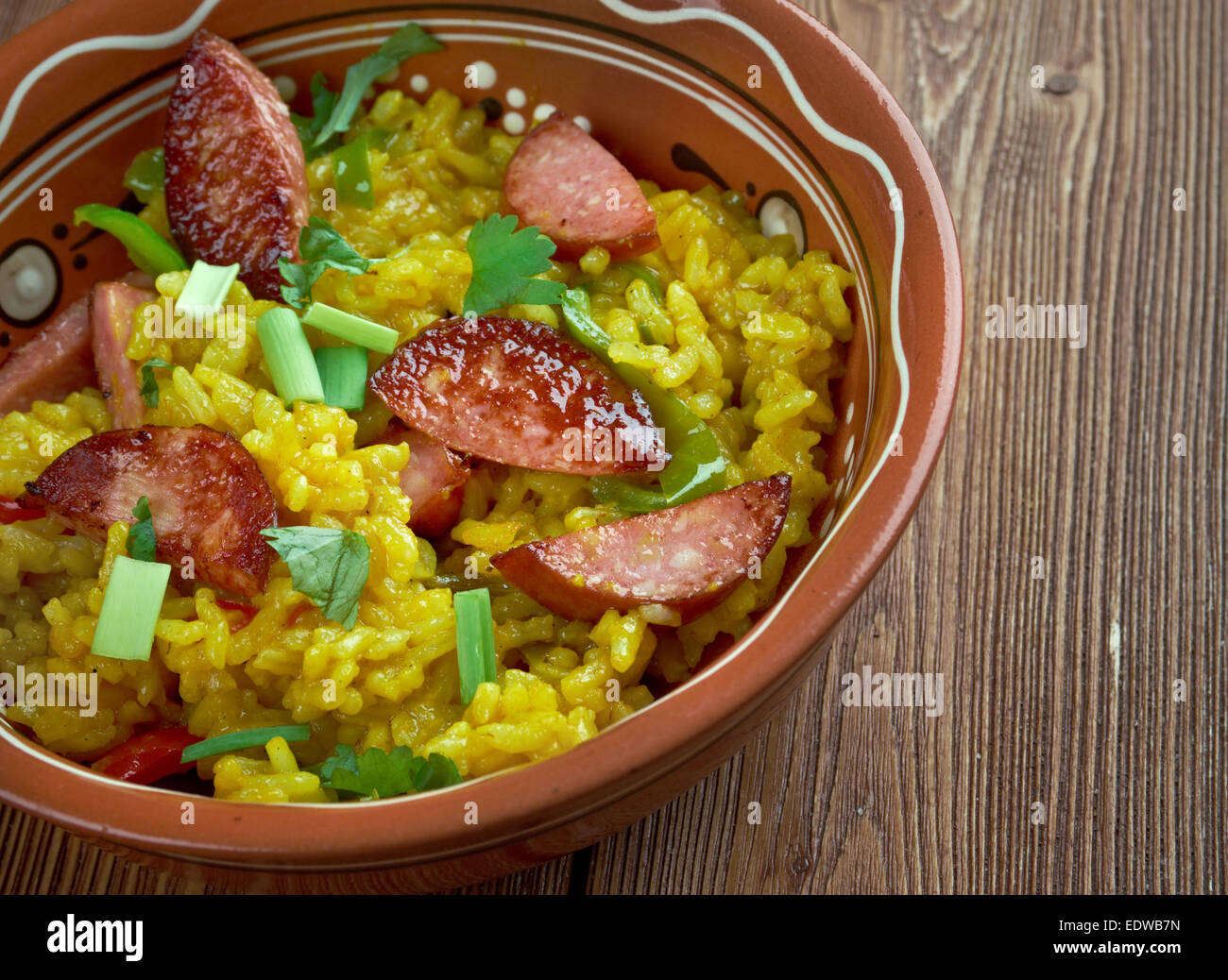 Dirty rice traditional Creole dish made white rice which chicken