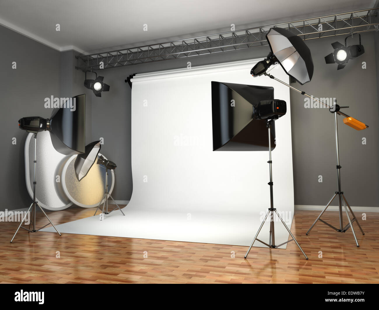 Photo studio with lighting equipment. Flashes, softboxes and reflectors