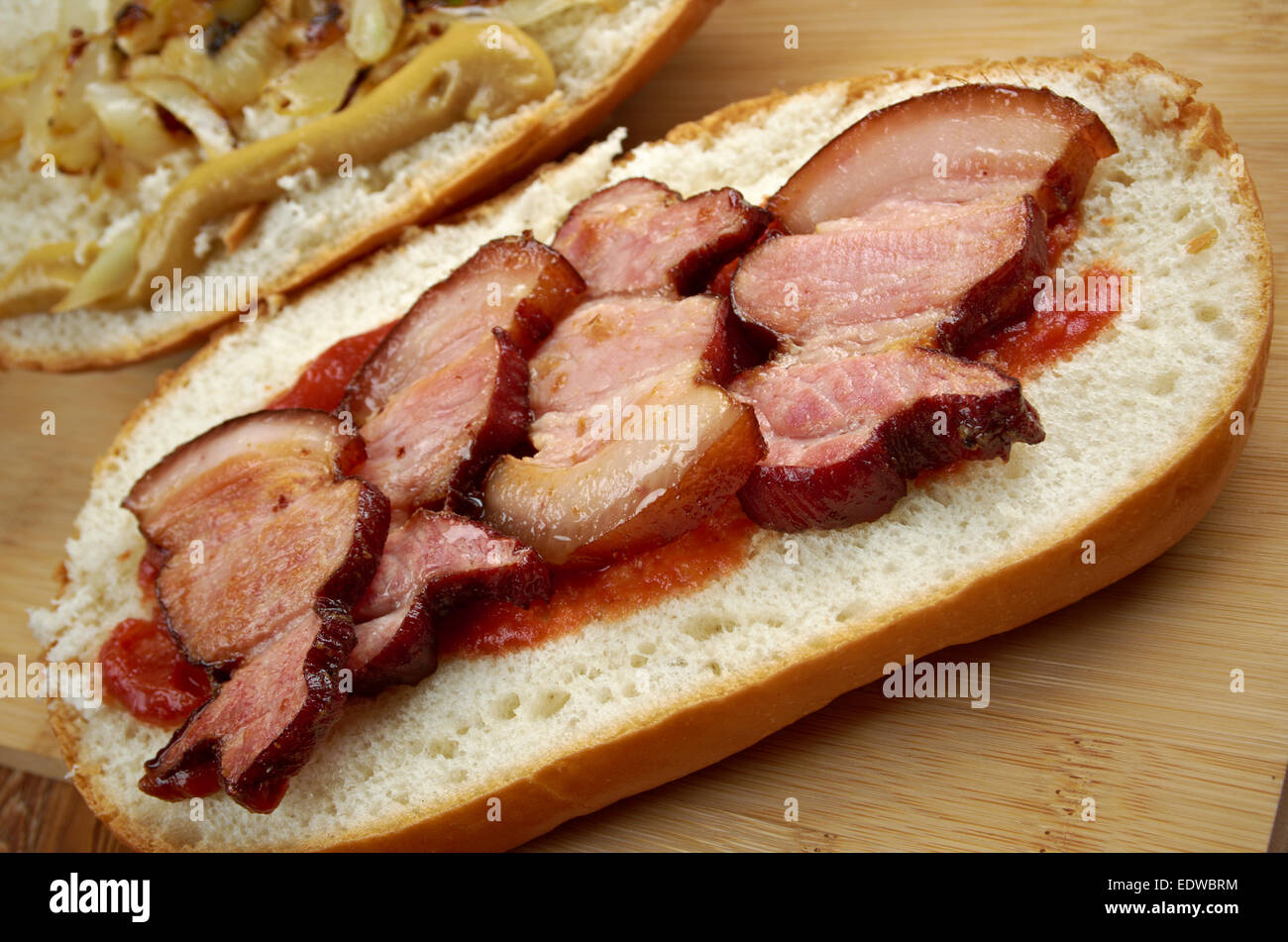 Fools Gold Loaf -   americanactual sandwich was a loaf of bread, , and entire jar of grape jelly, and a pound of bacon Stock Photo