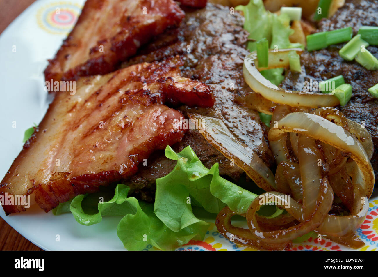 Calf liver and bacon dish containing Grilled calf liver and bacon