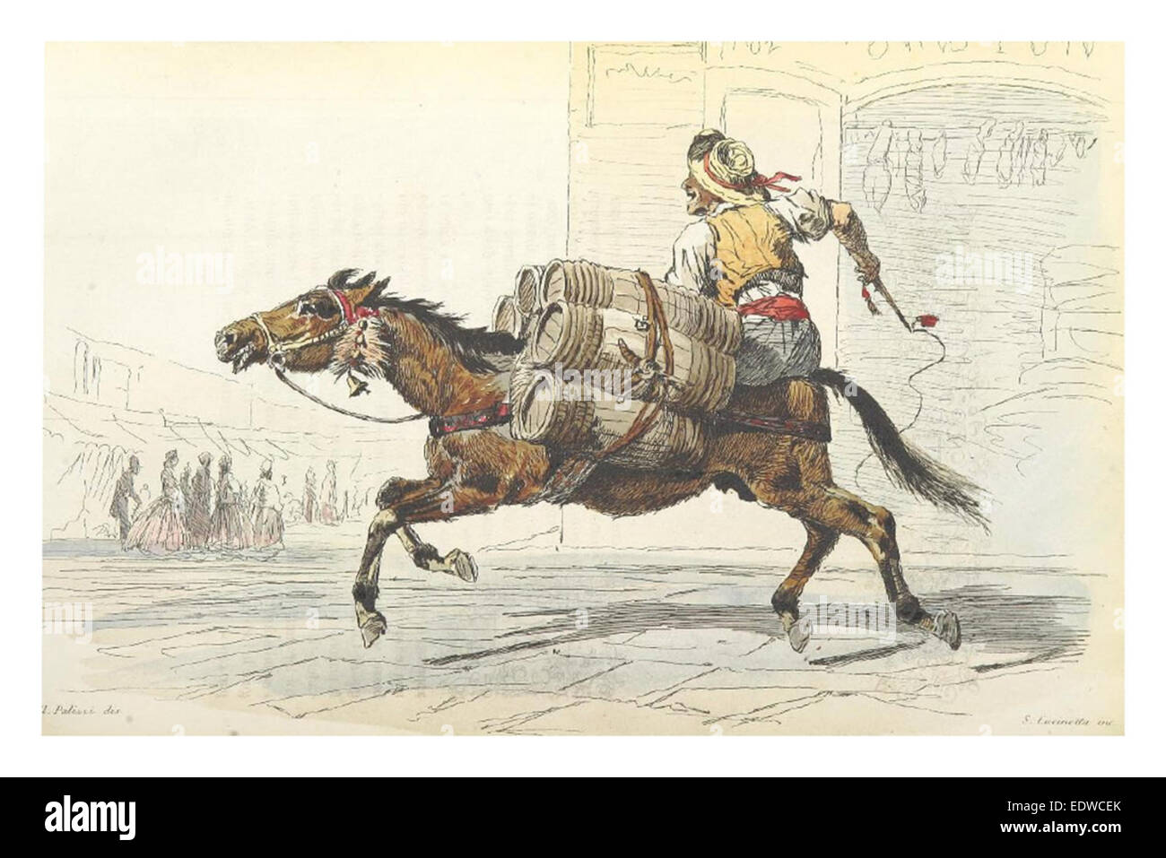 This 1858 illustration by Bourcard, titled 'Il Portatore di Acqua' (The Water Carrier), features an Italian water carrier, highlighting rural life and traditional occupations in 19th-century Italy. Stock Photo