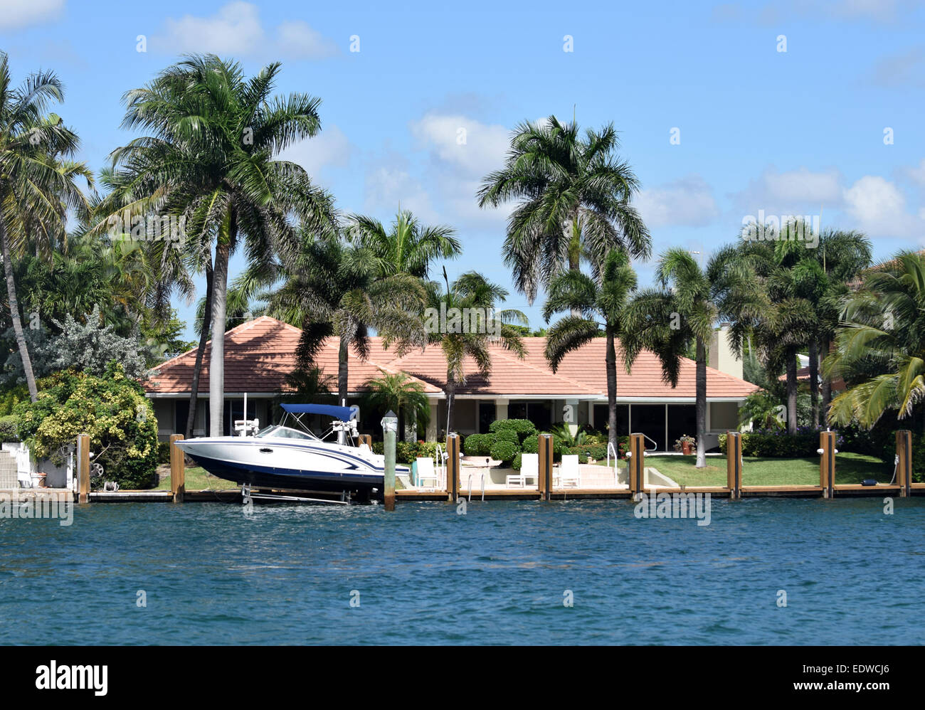 Luxury waterfront home with boat dock in Florida Stock Photo