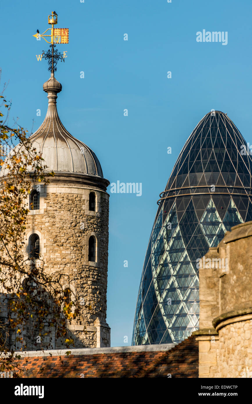 The top of the Gherkin alongside the Tower of London, icons old and new Stock Photo