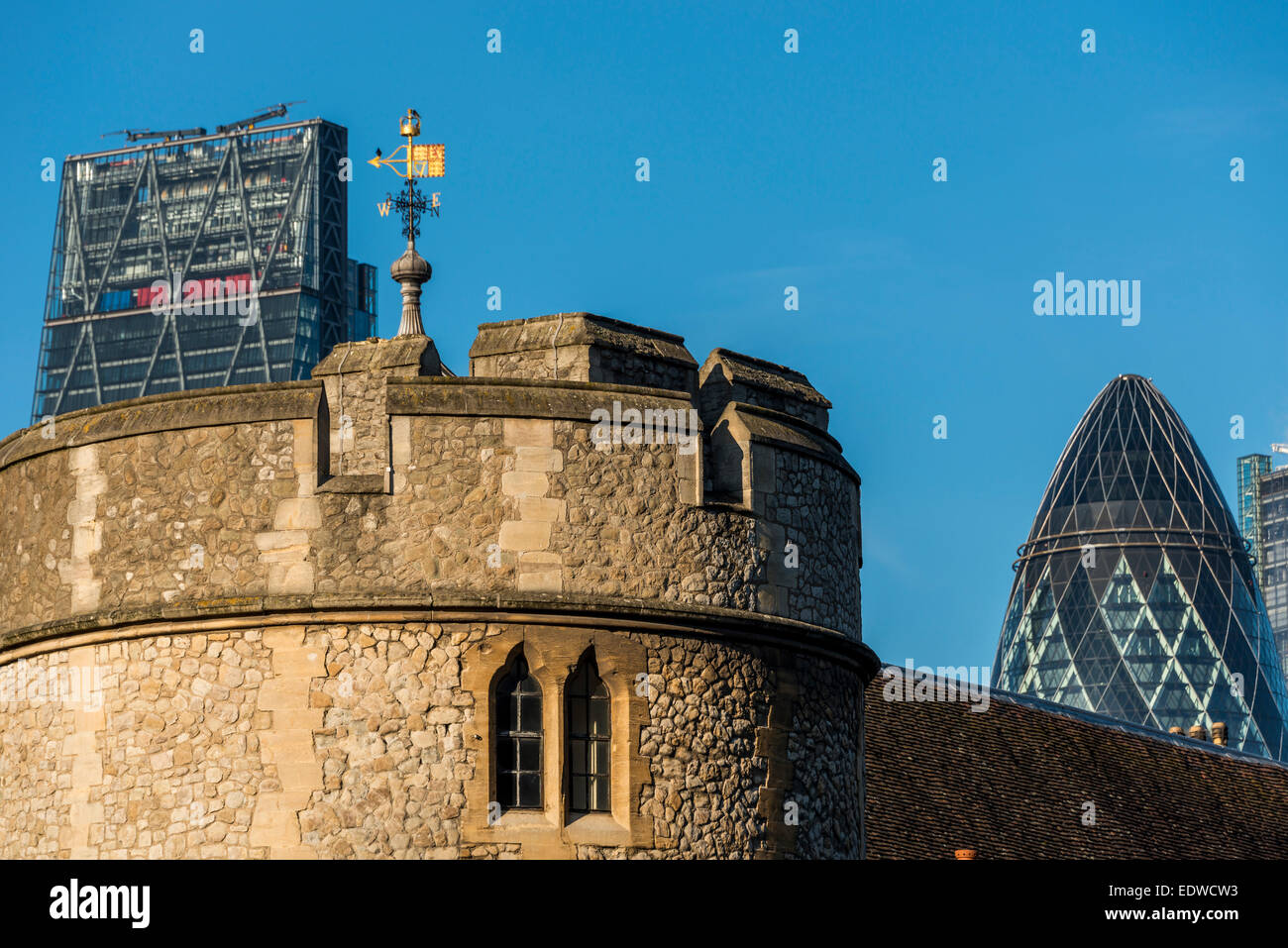 Views over the Tower of London to the Gherkin and Cheesegrater in the City of London Stock Photo