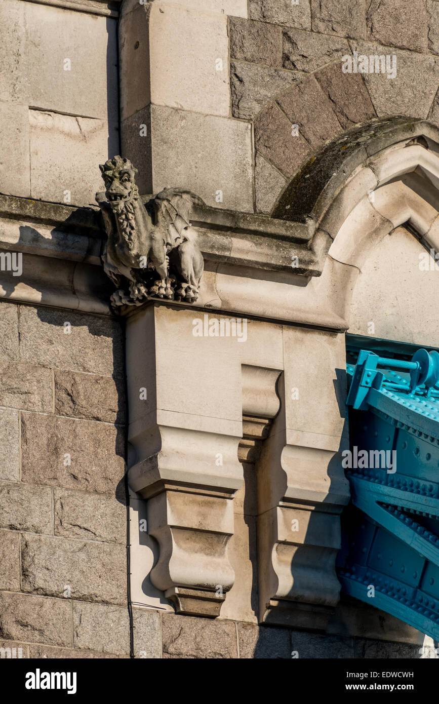 Gargoyles and grotesques adorning Tower Bridge, a suspension bridge spanning the River Thames Stock Photo