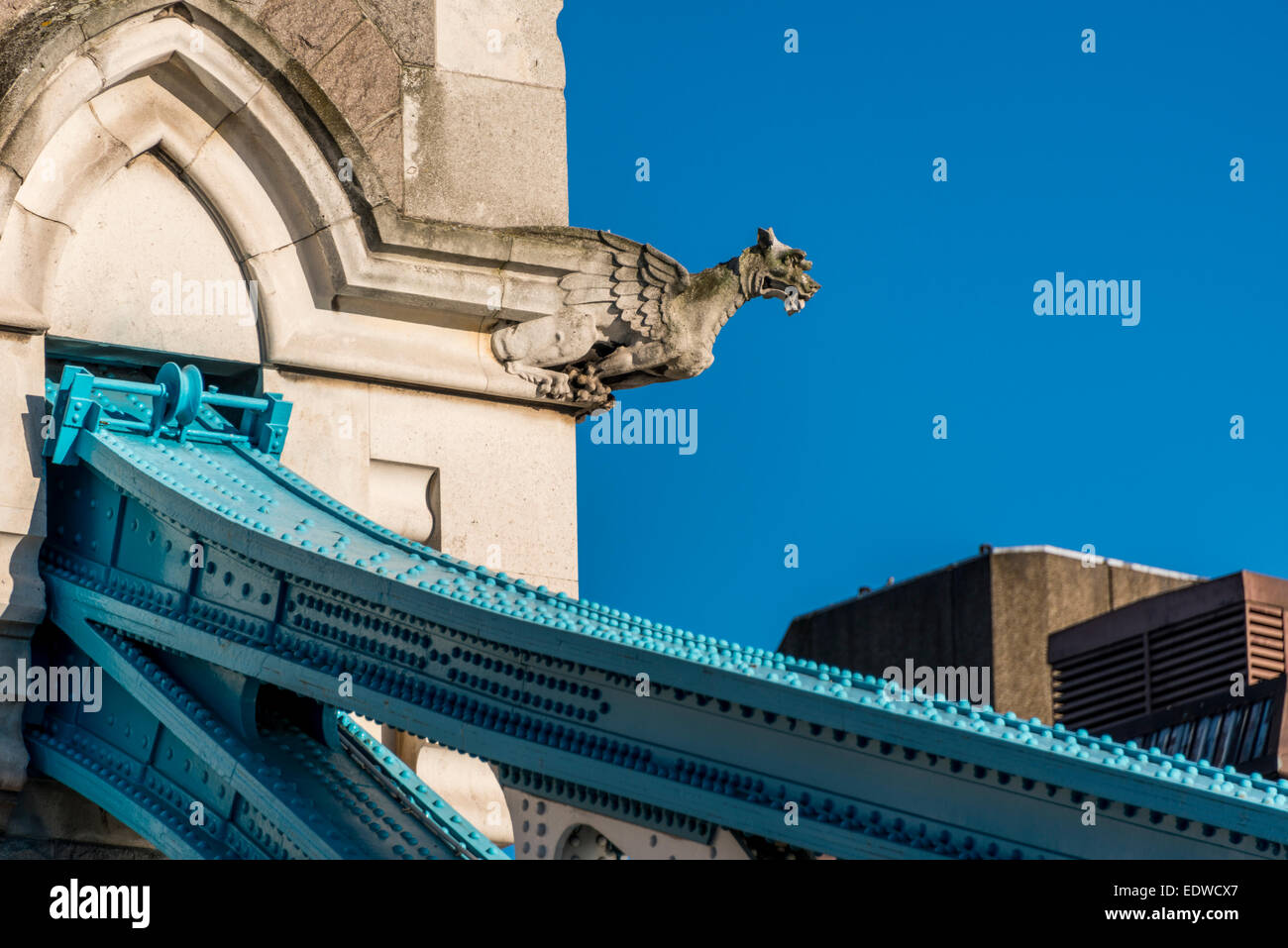 Gargoyles and grotesques adorning Tower Bridge, a suspension bridge spanning the River Thames Stock Photo