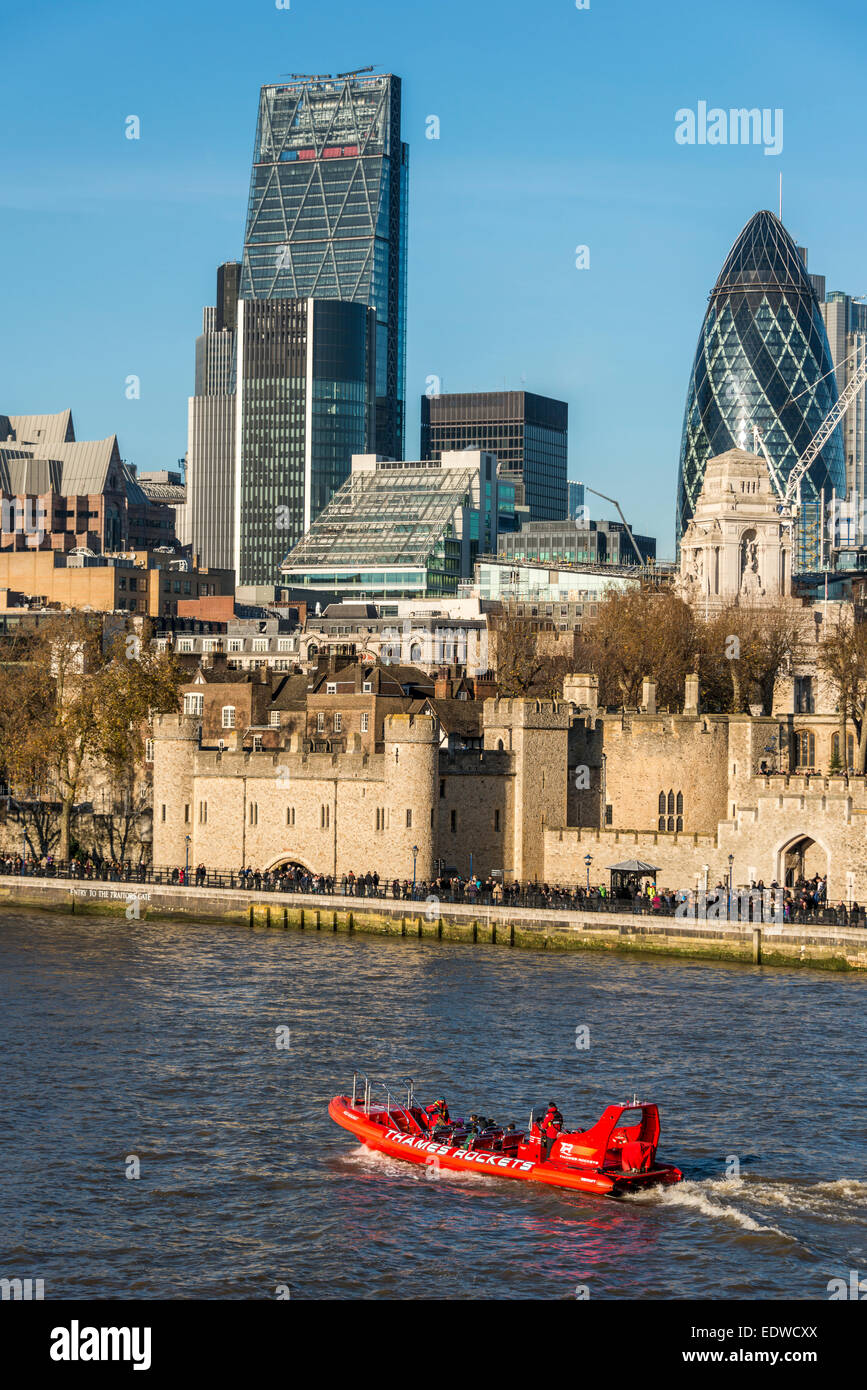 Looking over the Tower of London to the Port of London Authority at Trinity Square and London City skyscrapers Stock Photo