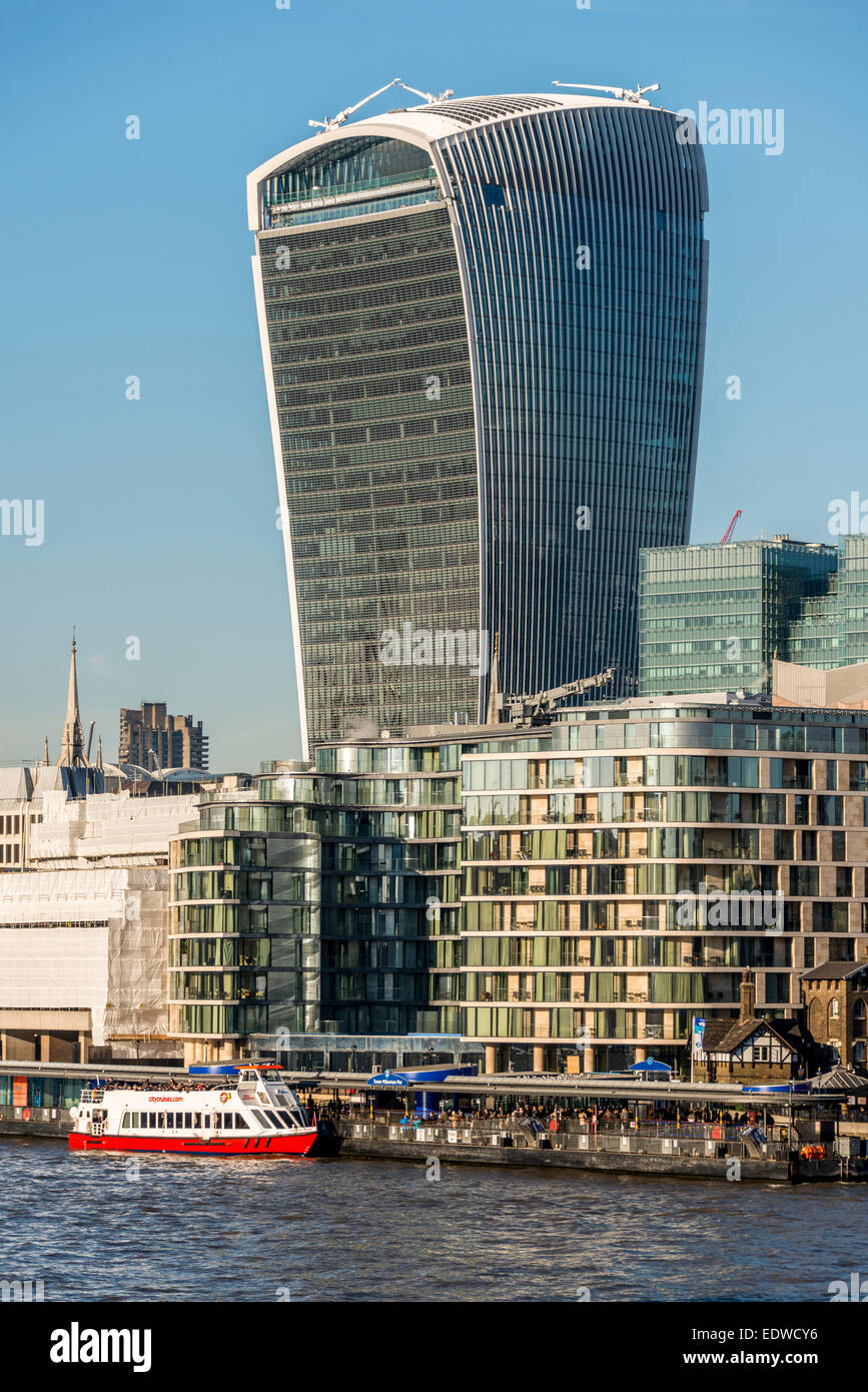 Views over the River Thames and Cheval Three Quays apartments to the Walkie-Talkie building, Fenchurch Street, London Stock Photo