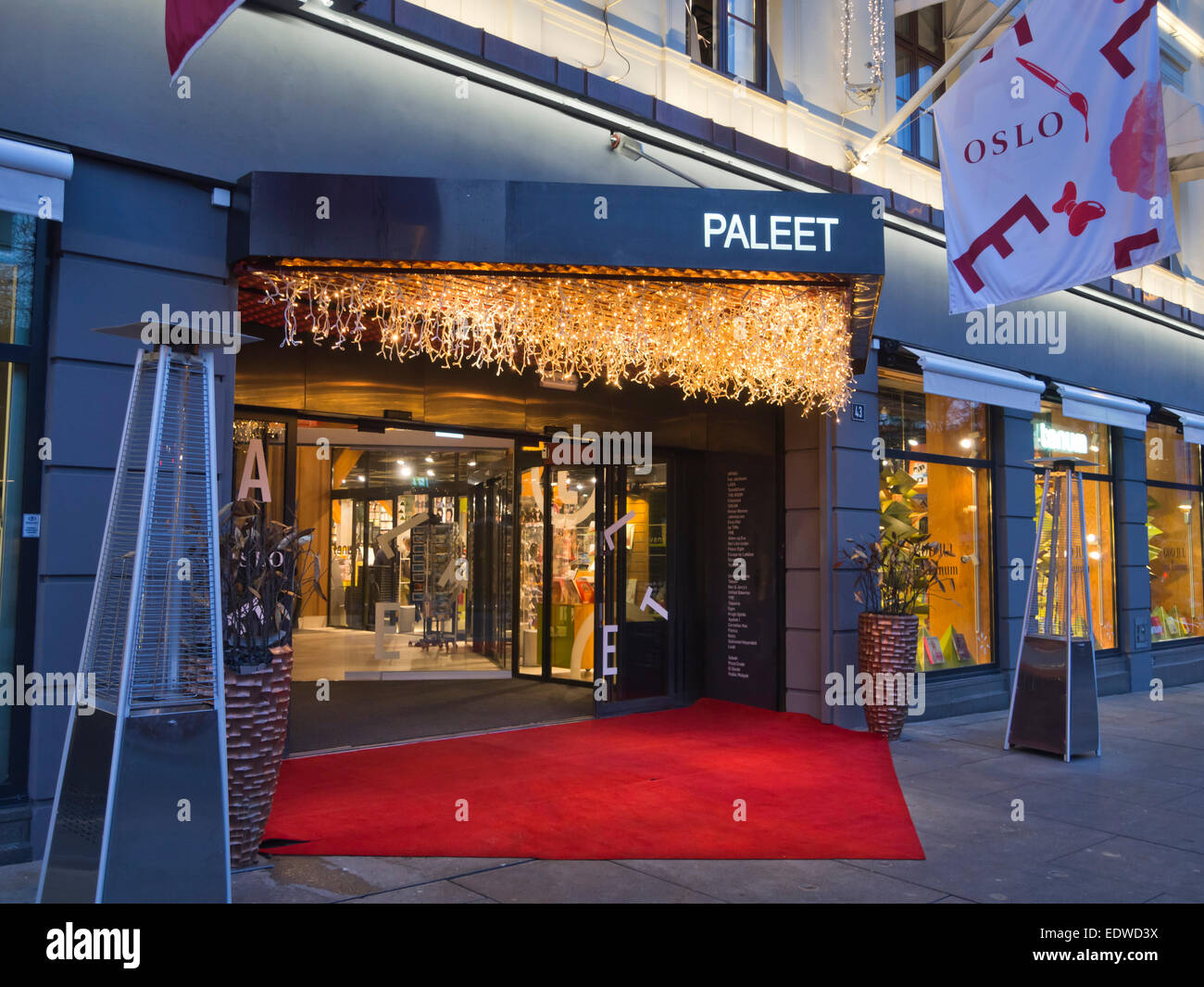 Paleet shopping center in Karl Johans gate Oslo Norway, lighting up for