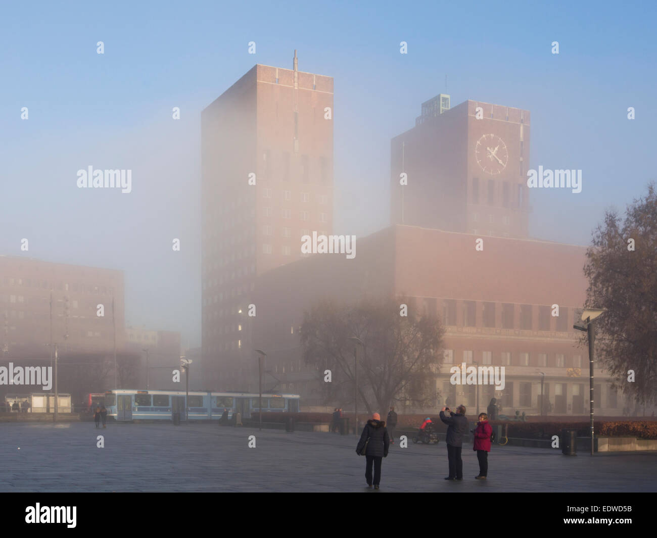 Morning winter fog obscuring the City Hall in Oslo Norway Stock Photo