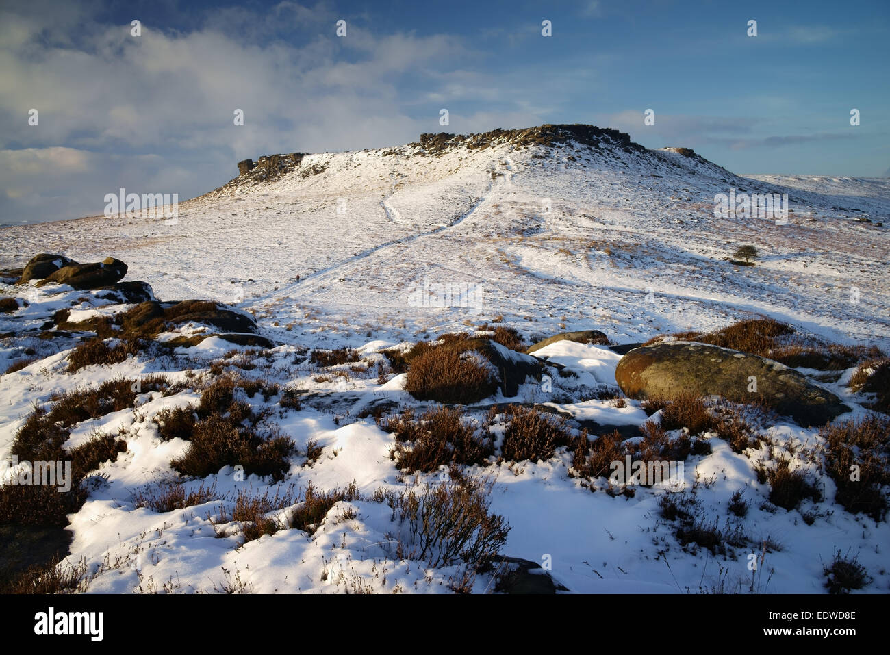 UK,South Yorkshire,Peak District,Upper Burbage Valley,Higger Tor and Carl Wark after Snowfall Stock Photo