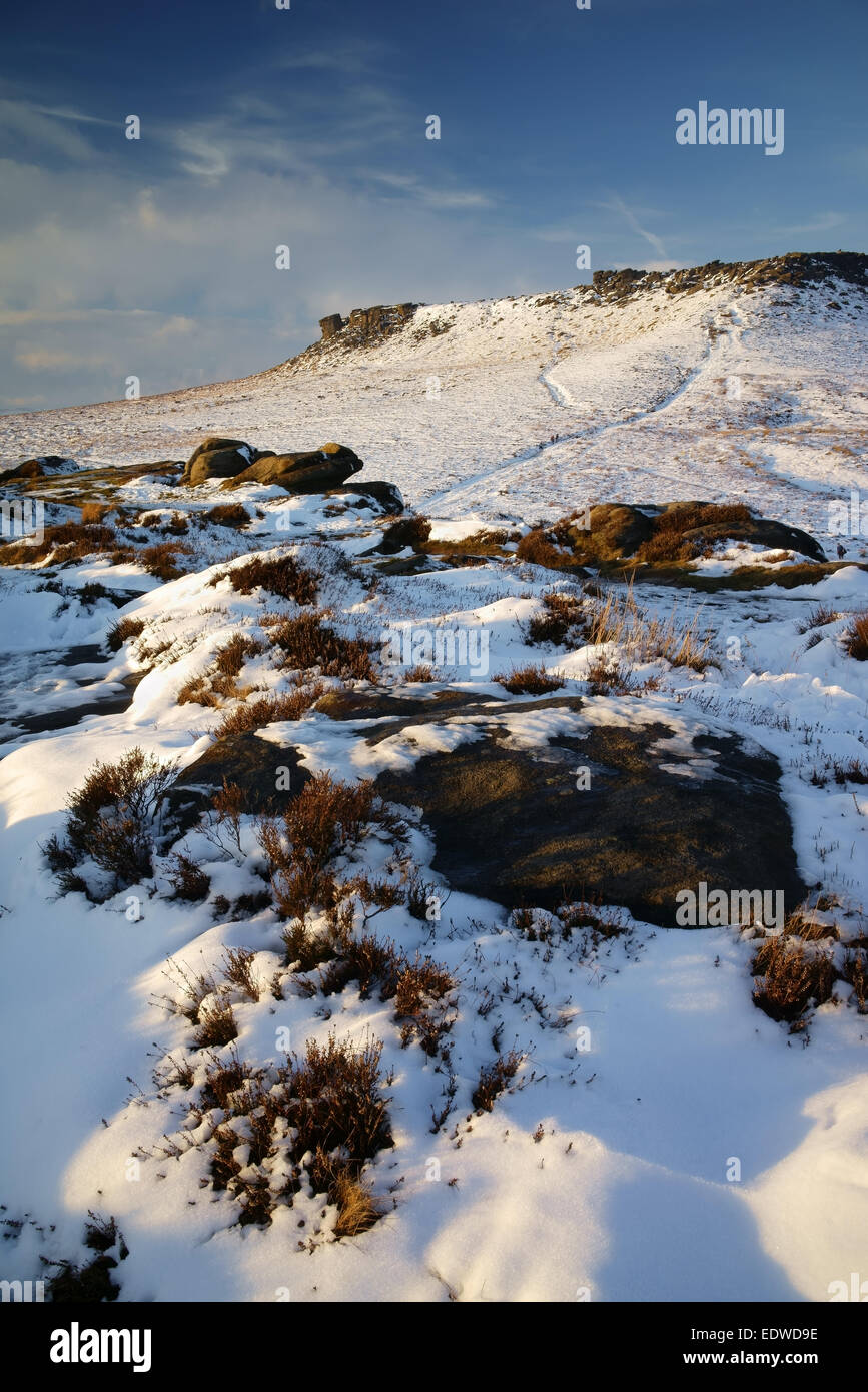 UK,South Yorkshire,Peak District,Upper Burbage Valley,Higger Tor and Carl Wark after Snowfall Stock Photo