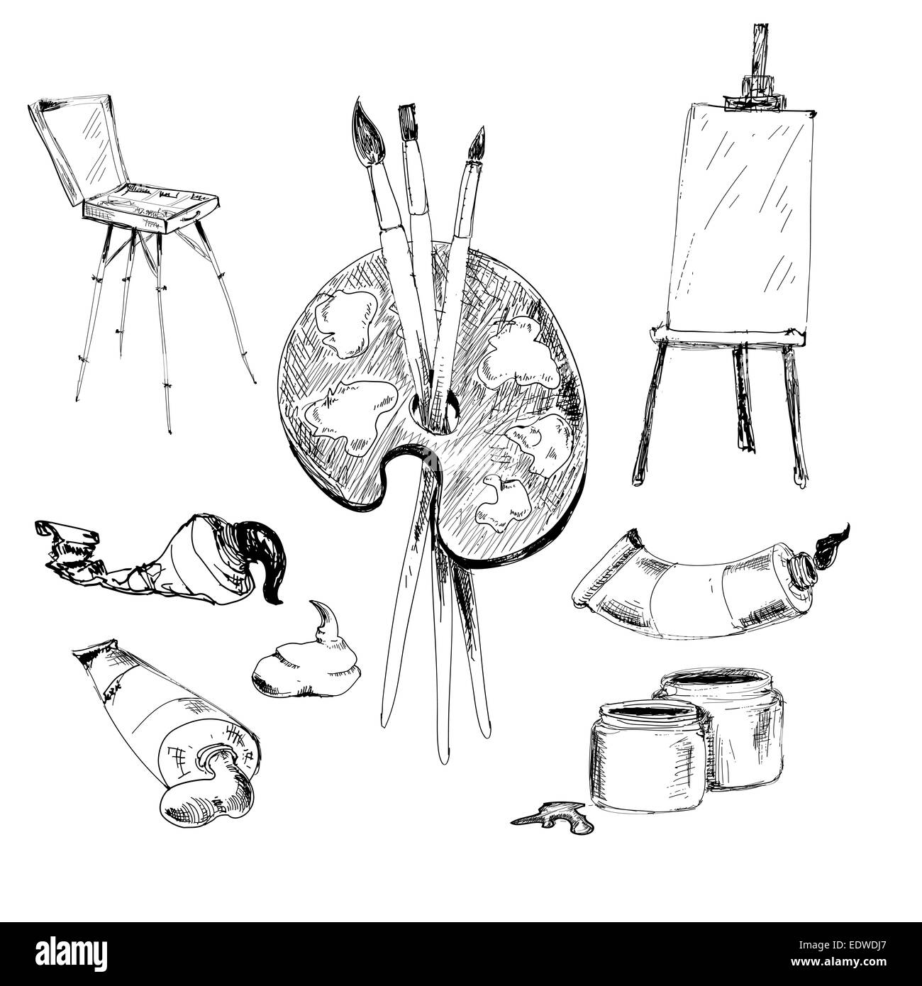 Accessories for painting. Collection of hand drawn illustrations Stock Photo