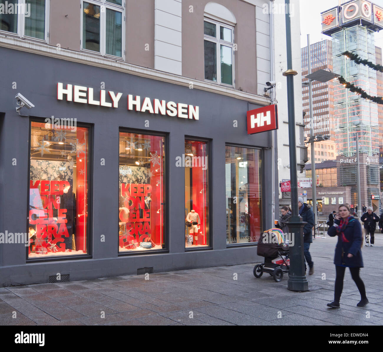 Helly Hansen, Norwegian brand shop in Karl Johans gate shopping street, Oslo  Norway, Trafikanten and central station behind Stock Photo - Alamy