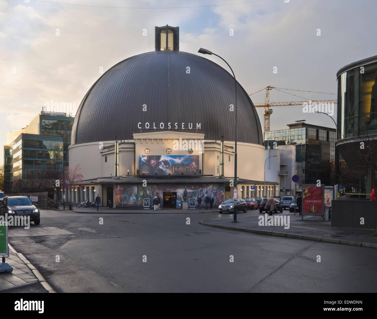 Colosseum kino, domed cinema in Majorstua Oslo Norway, exterior view, entrance with advertisement for the Hobbit film Stock Photo