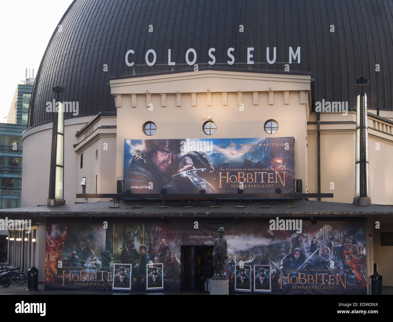 Colosseum kino, domed cinema in Majorstua Oslo Norway, exterior view, entrance with advertisement for the Hobbit film Stock Photo