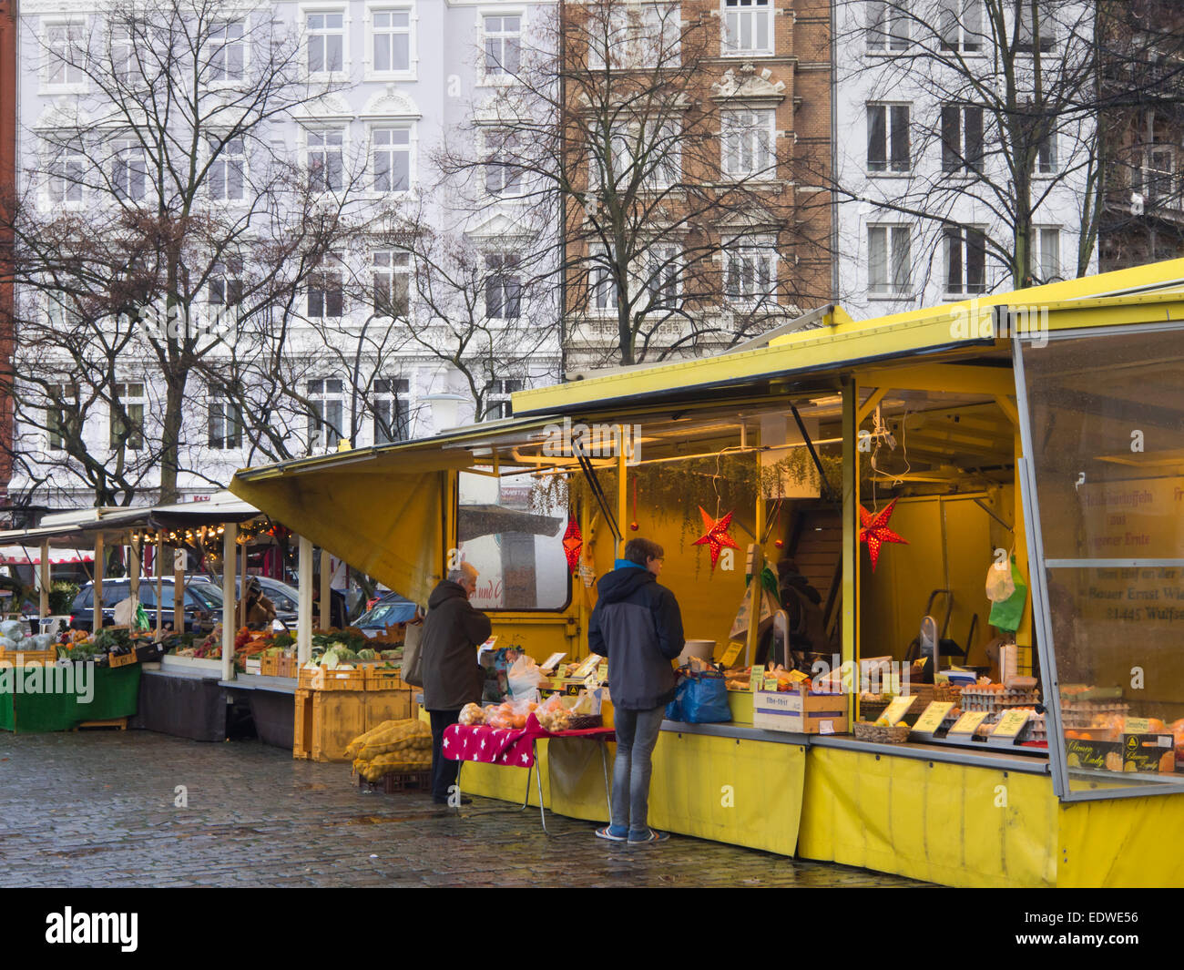 Grossneumarkt square in Hamburg Germany, weekly Saturday morning market, stalls, vendors and customers Stock Photo