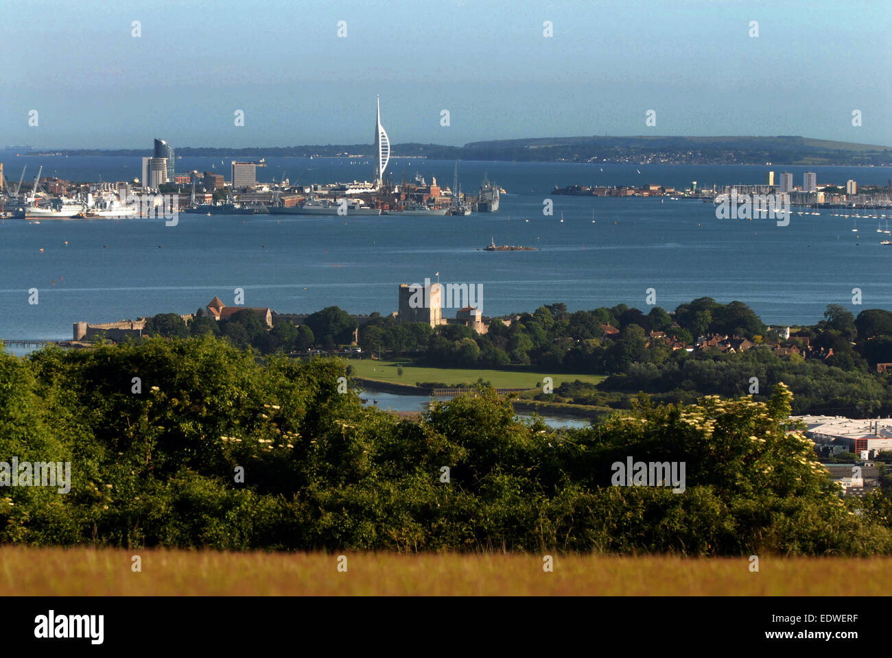 A view of Portchester castle and portsmouth harbour from portsdown hill, hampshire Stock Photo