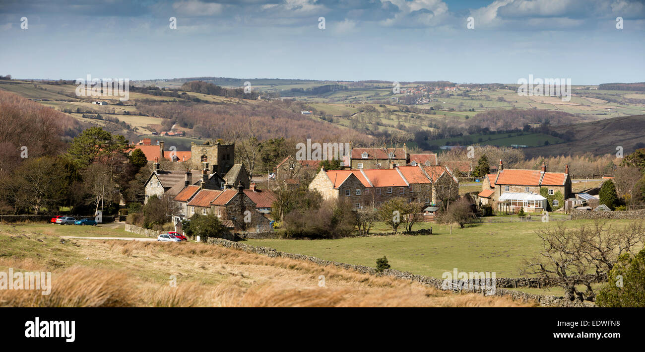 UK, England, Yorkshire, Goathland, panoramic view of church and southern end of village Stock Photo