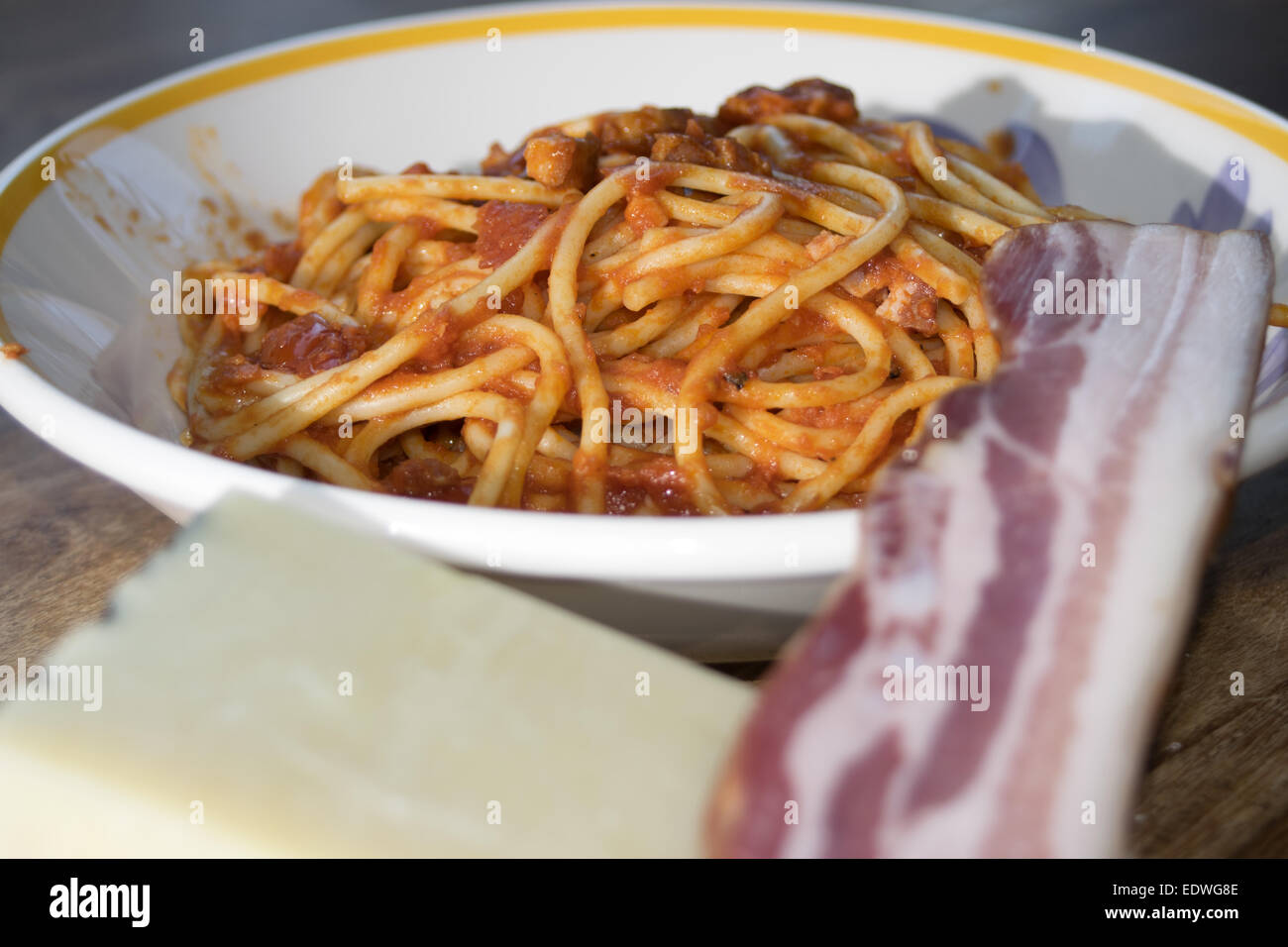 tasty Italian speciality spaghetti all'amatriciana or spaghetti with a