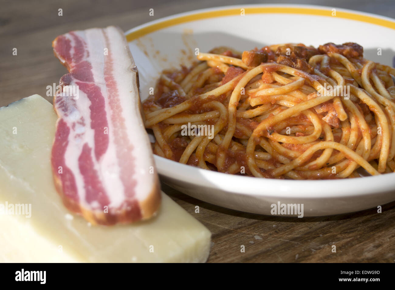 tasty Italian speciality spaghetti all'amatriciana or spaghetti with a