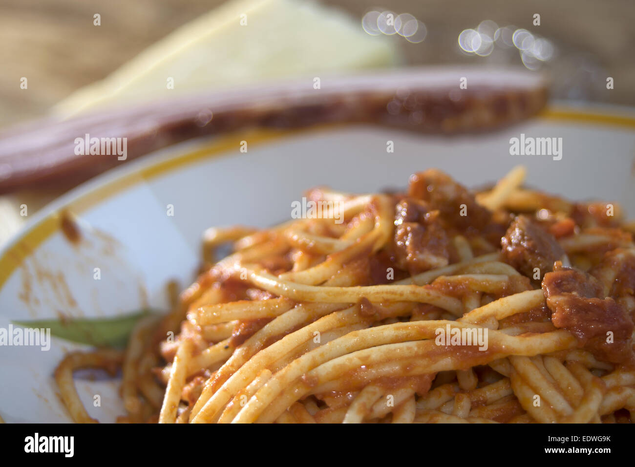 tasty Italian speciality spaghetti all'amatriciana or spaghetti with a