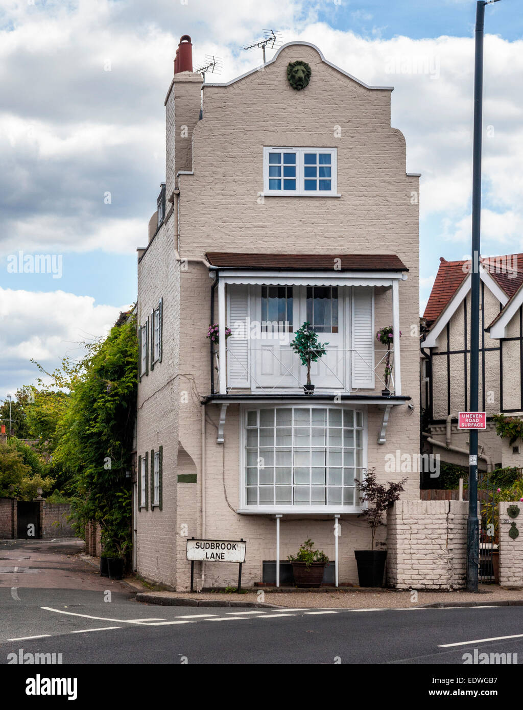 Unusual English house - tall thin detached building with gable, Richmond upon Thames, Great London, UK Stock Photo