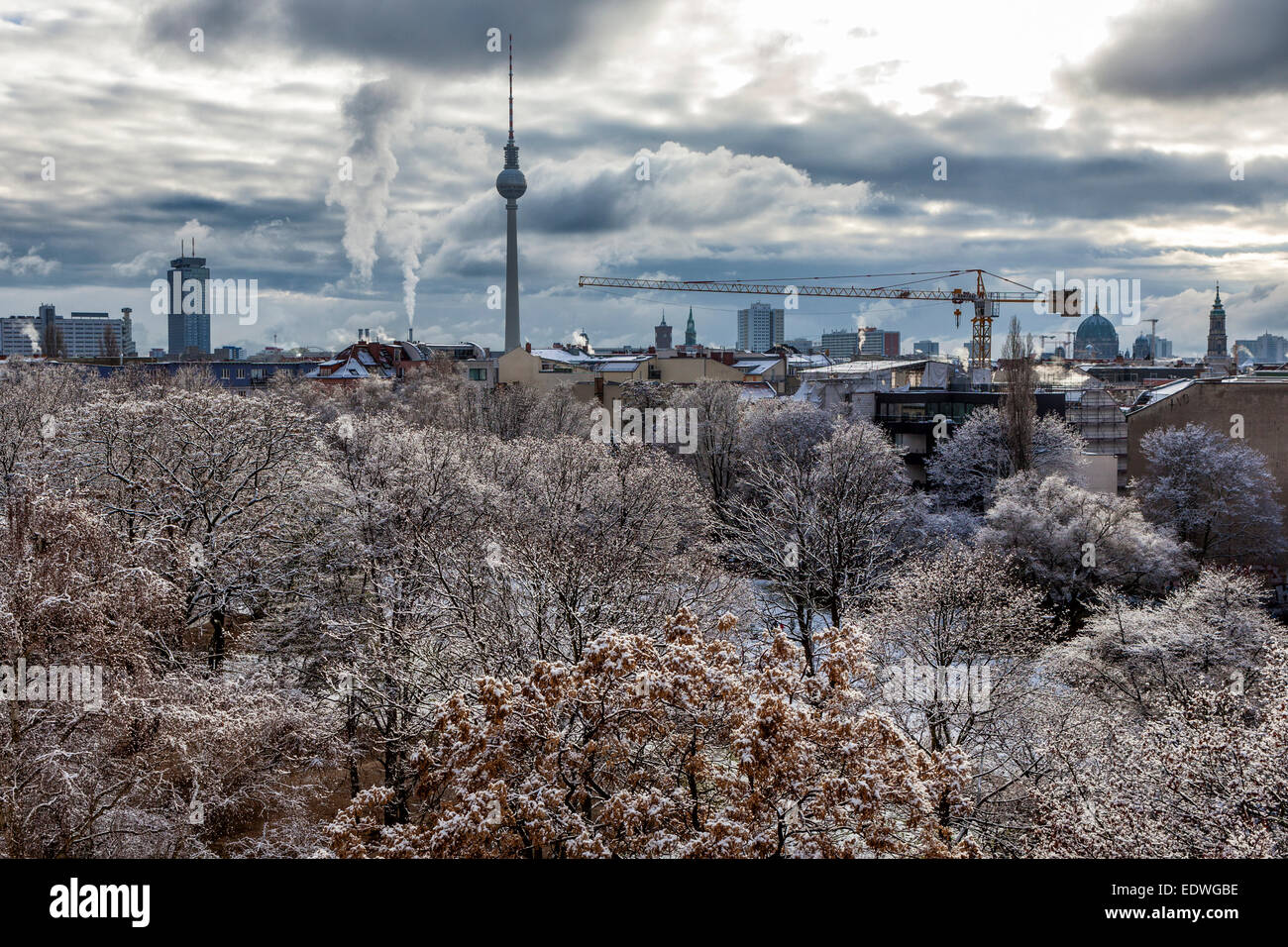 Berlin Skyline with snow covered trees, fernsehturm and dramatic cloudy sky, Volkspark am Weinberg, Mitte, Berlin, Europe Germany Stock Photo