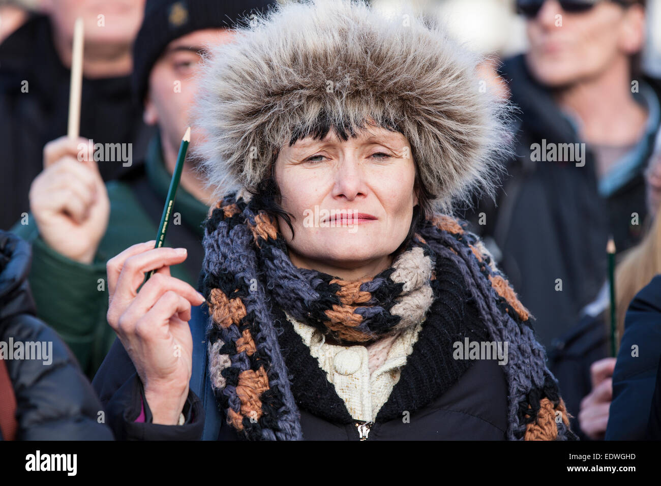 Bristol, UK. 10th January, 2015. Hundreds join a vigil in Bristol City Centre in defence of freedom of speech in the wake of the killing of cartoonists at the offices of the French satirical magazine, Charlie Hebdo.  Bristol, UK. 10th January 2015. Credit:  Redorbital Photography/Alamy Live News Stock Photo