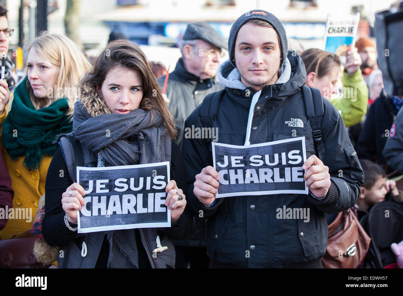 Bristol, UK. 10th January, 2015. Hundreds join a vigil in Bristol City Centre in defence of freedom of speech in the wake of the killing of cartoonists at the offices of the French satirical magazine, Charlie Hebdo.  Bristol, UK. 10th January 2015. Credit:  Redorbital Photography/Alamy Live News Stock Photo