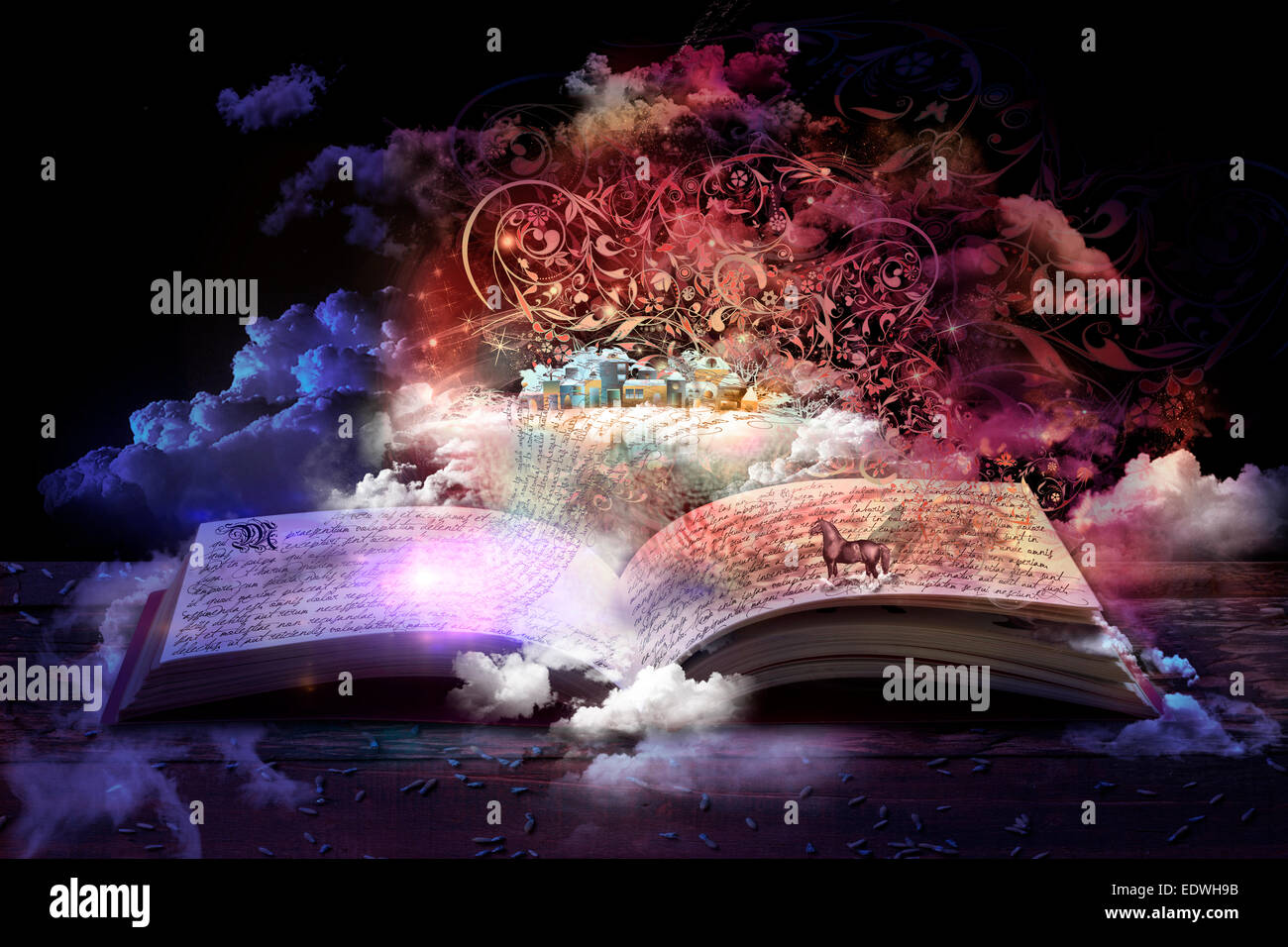 open magic book, stories and educational stories floating Stock Photo