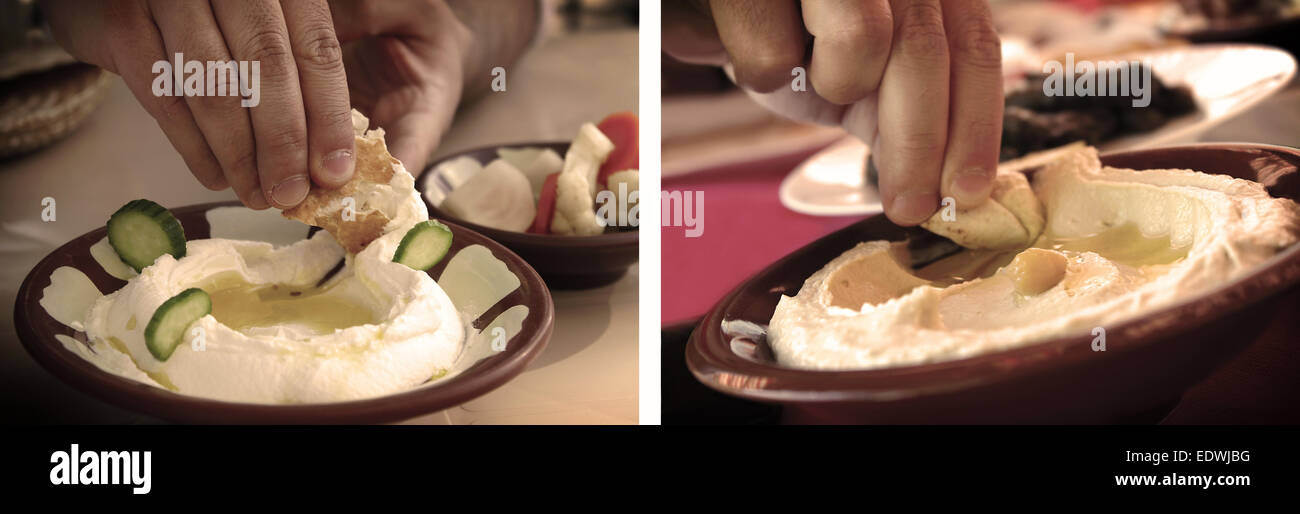 Collage of a man dipping a pita bread slice in traditional hummus and