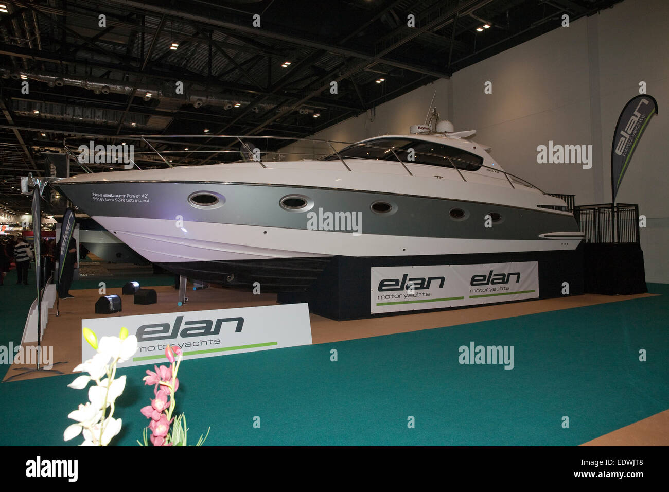 Elan power 42 motor yacht on display at the London Boat Show Stock Photo -  Alamy