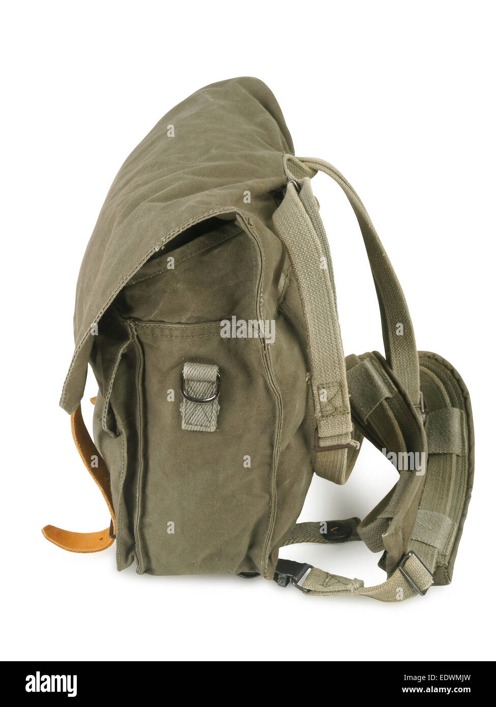 small military backpack isolated on white background, side view, studio shot Stock Photo