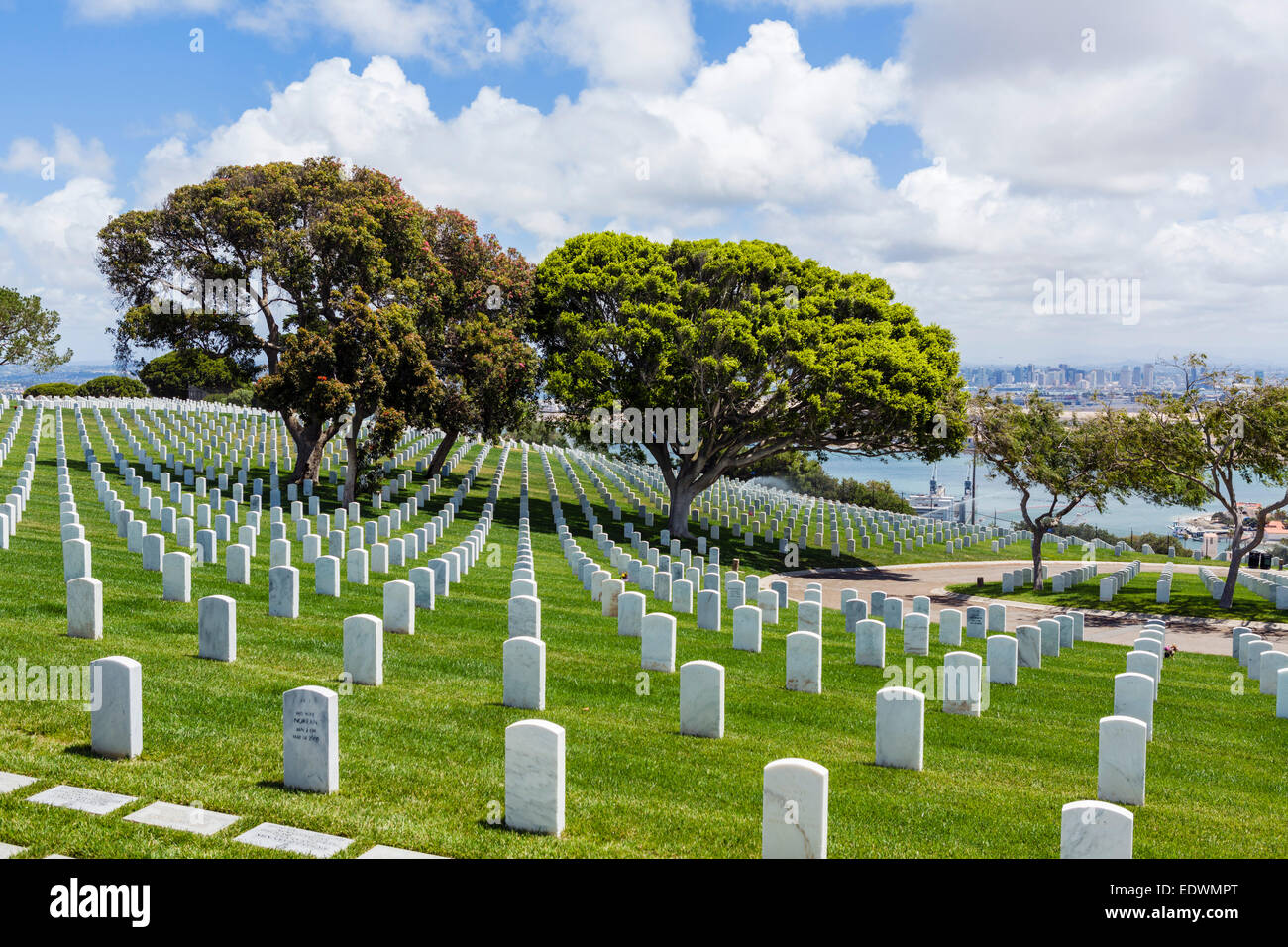 Fort Rosecrans National Cemetery in Point Loma looking towards downtown San Diego, California, USA Stock Photo