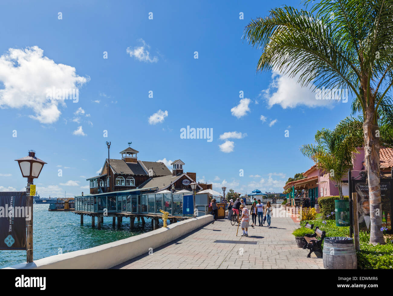 Pier Cafe on the Embarcadero at Seaport Village, Marina District,  San Diego, California, USA Stock Photo